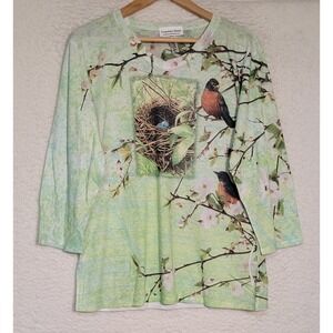 Country Store Womens Top Size‎ L 3/4 Sleeve Green V-Neck Birds Pullover 1578